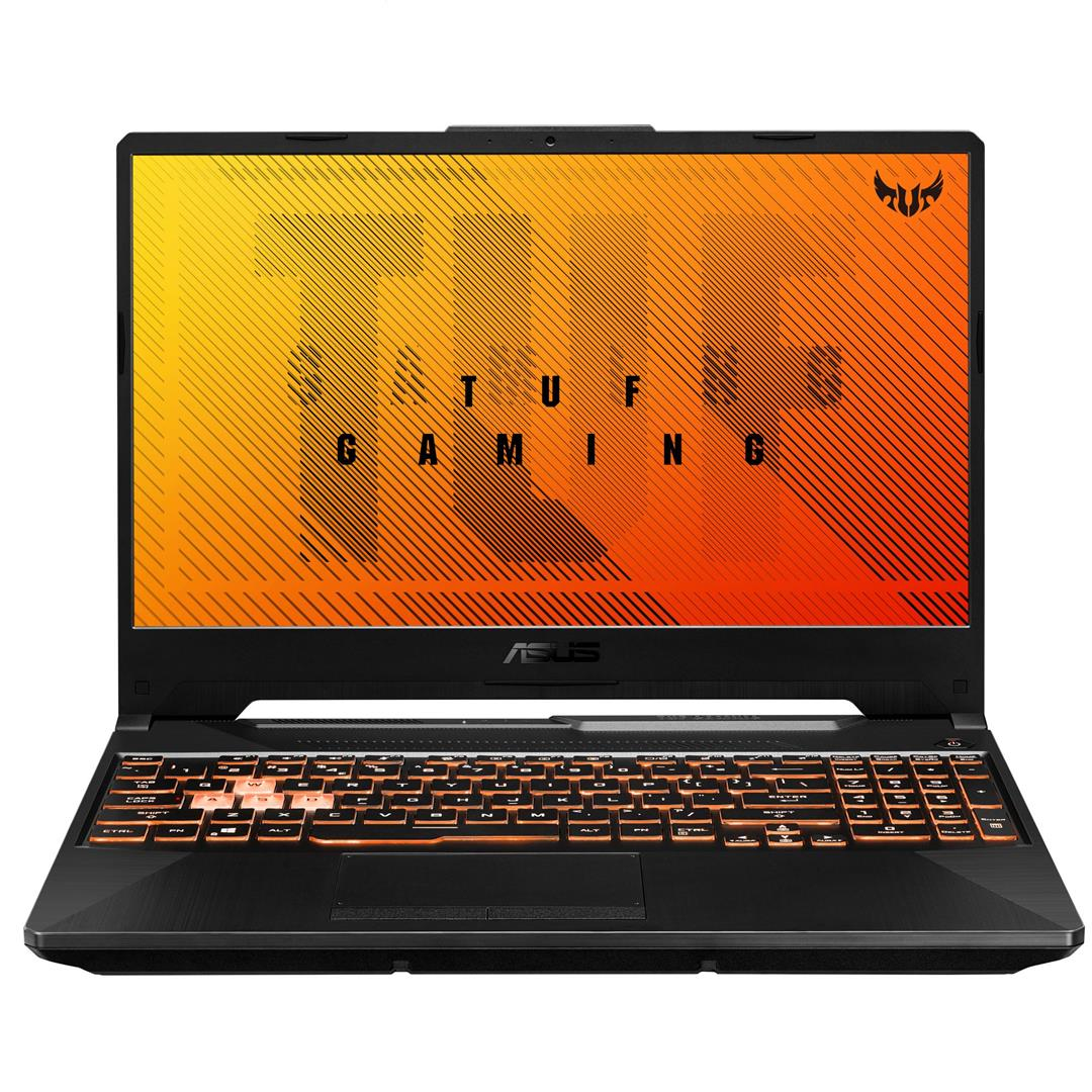 Portátil gaming Asus negro. La pantalla muestra un gráfico amarillo y naranja. El teclado es naranja.