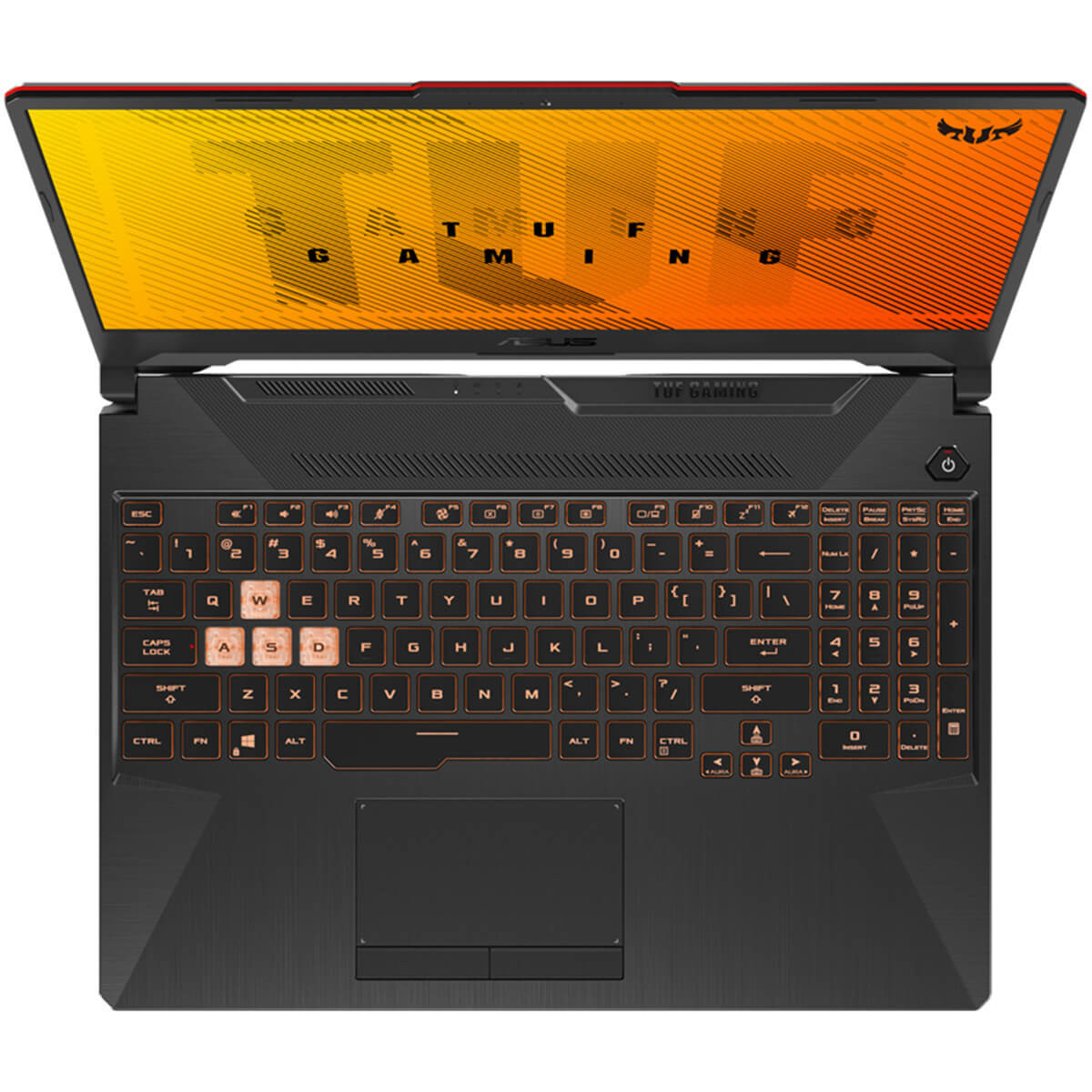 Teclado de portátil con teclas iluminadas en naranja. La pantalla muestra una interfaz de juego.