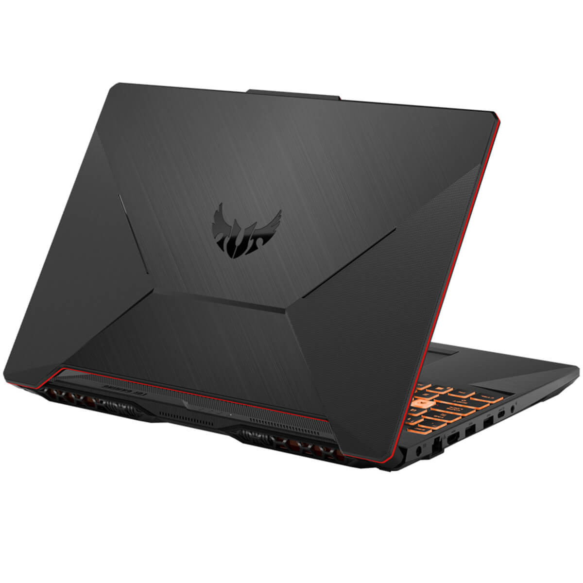 Portátil negro con tapa texturizada, detalles en naranja y el logotipo de ASUS en la parte trasera.