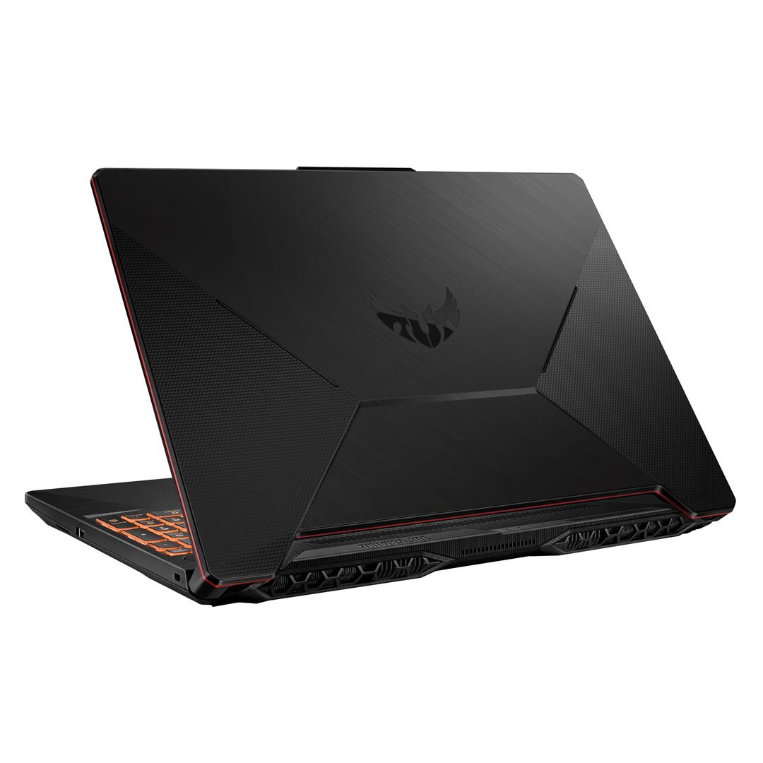 Vista trasera de un portátil negro con ribete rojo, el logotipo de ASUS TUF visible.