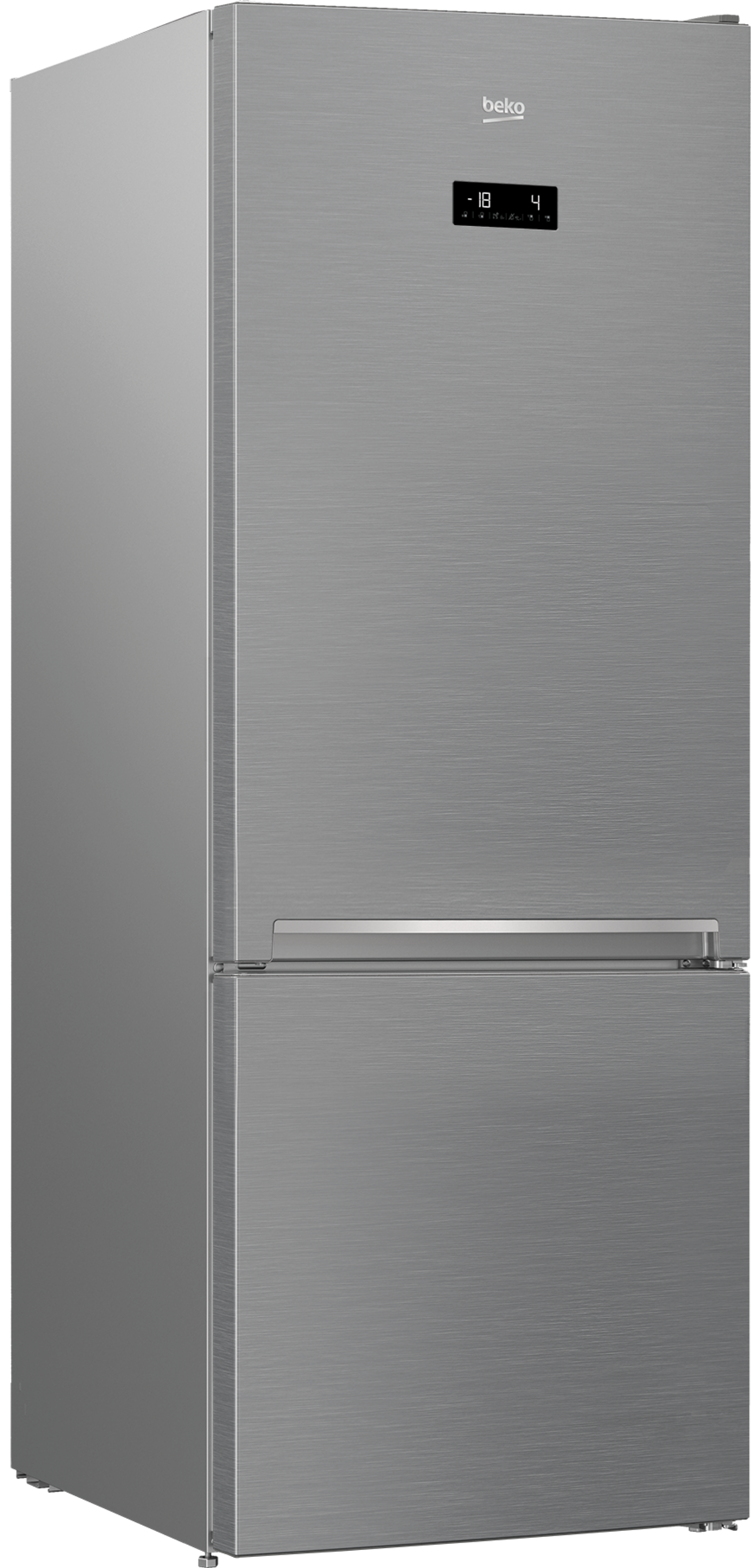 Refrigerador Beko plateado. Dos puertas, pantalla digital en la parte superior. Diseño elegante y moderno.