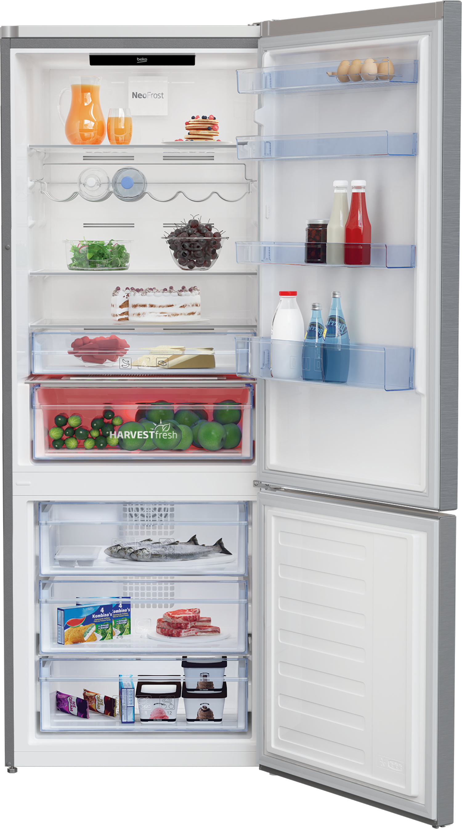 Interior de nevera abierta. Varios alimentos visibles en estantes, incluyendo frutas y verduras.