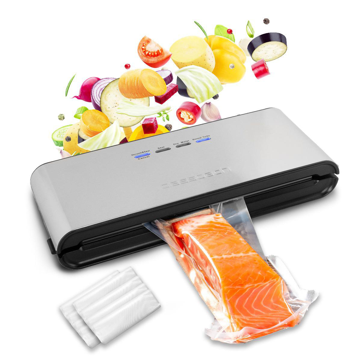 Ein Vakuumierer versiegelt Lachs in Plastik, über ihm schweben bunte Gemüsestücke.