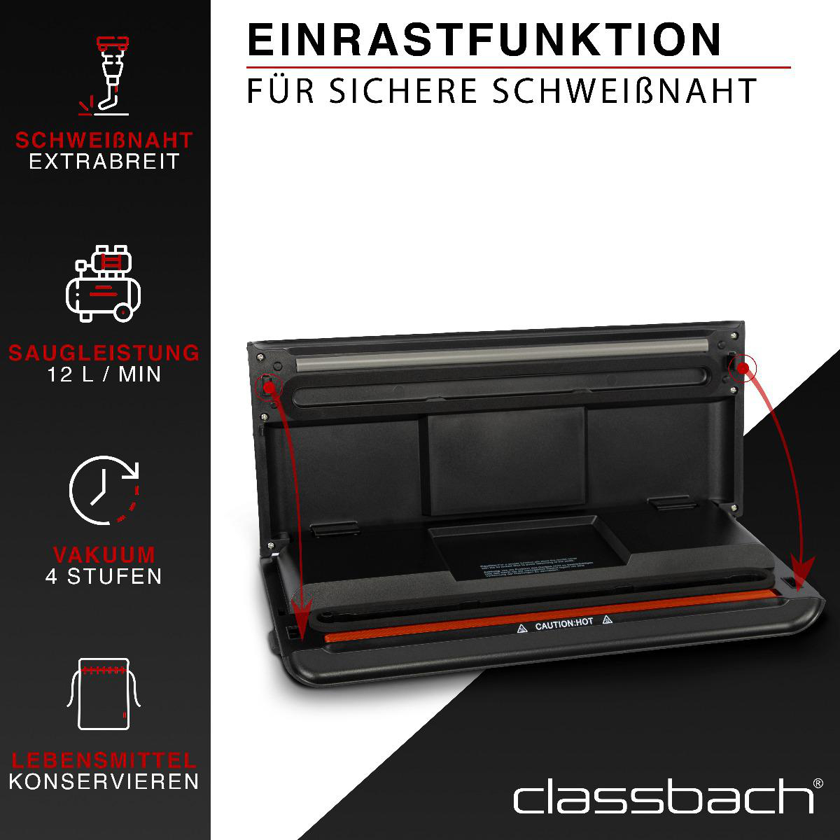 Ein Vakuumierer mit breiter Schweißnaht, Saugstärke 12 L/min, 4 Vakuumstufen.