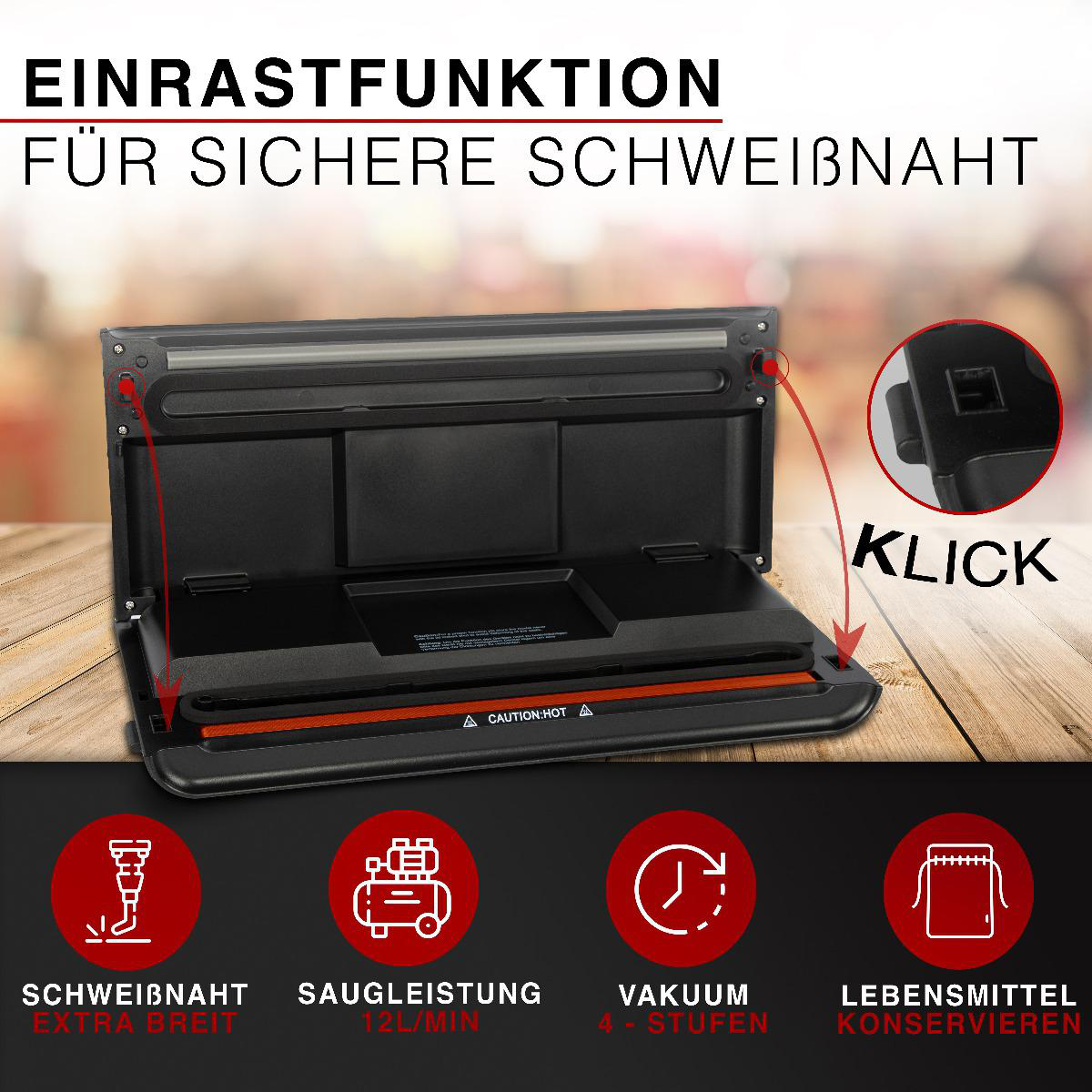 Geöffnete Vakuumierer mit Symbolen: Siegel, Saugkraft, Vakuumstufen, Lebensmittel.