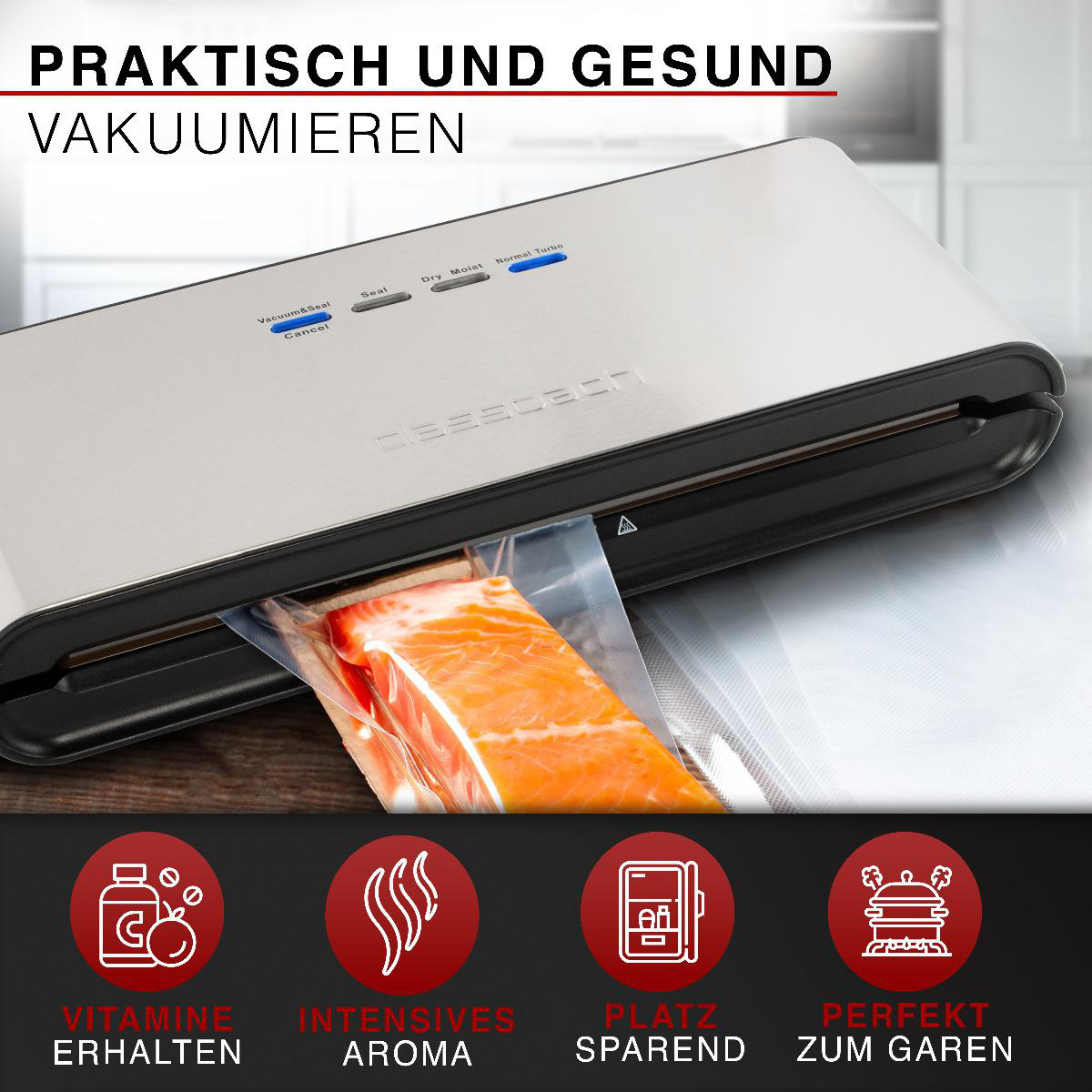 Ein Vakuumiergerät versiegelt ein Stück Lachs in Plastik. Icons unten zeigen Vorteile.