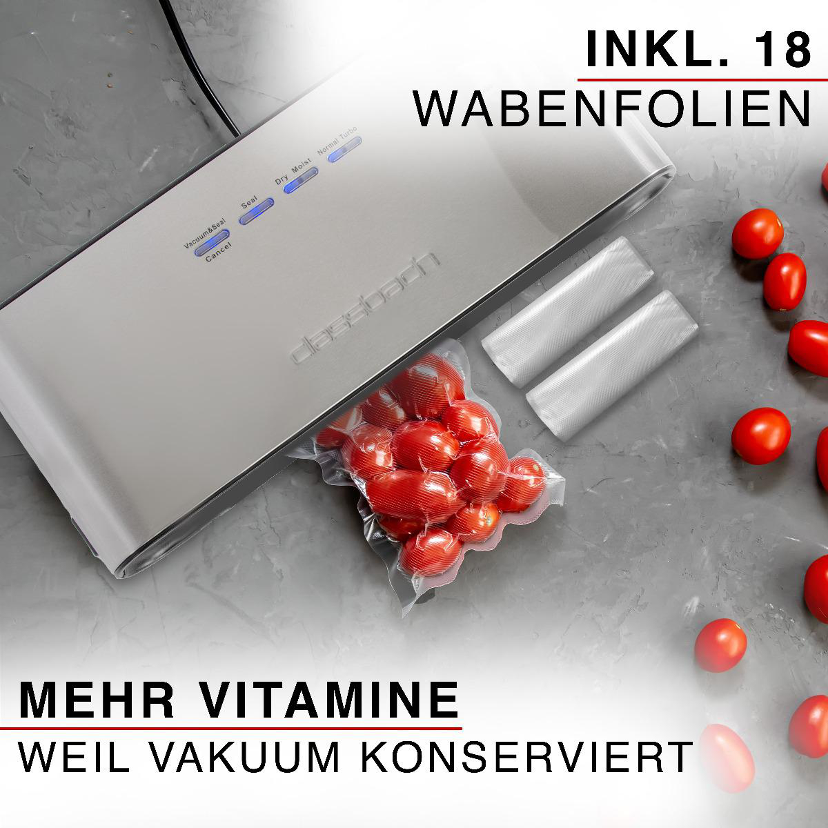 Vakuumierer mit Tomaten und Folienrollen. Mit Bedienelementen und Text.