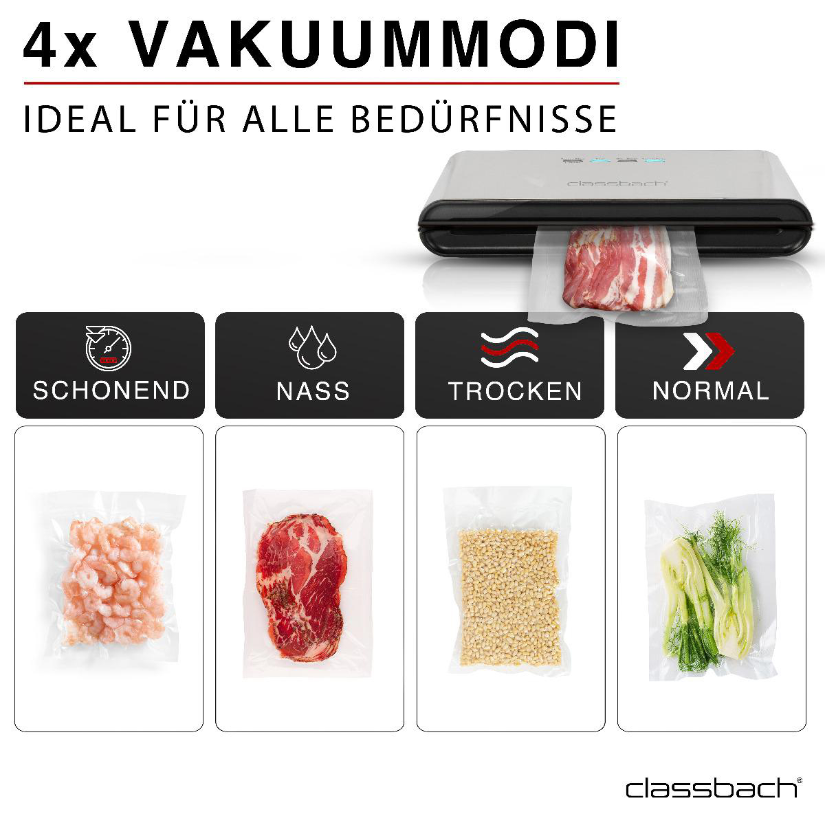 Vakuumierer mit 4 Modi: Schonend, Nass, Trocken, Normal. Beutel mit Garnelen, Fleisch, Pinienkernen, Fenchel.