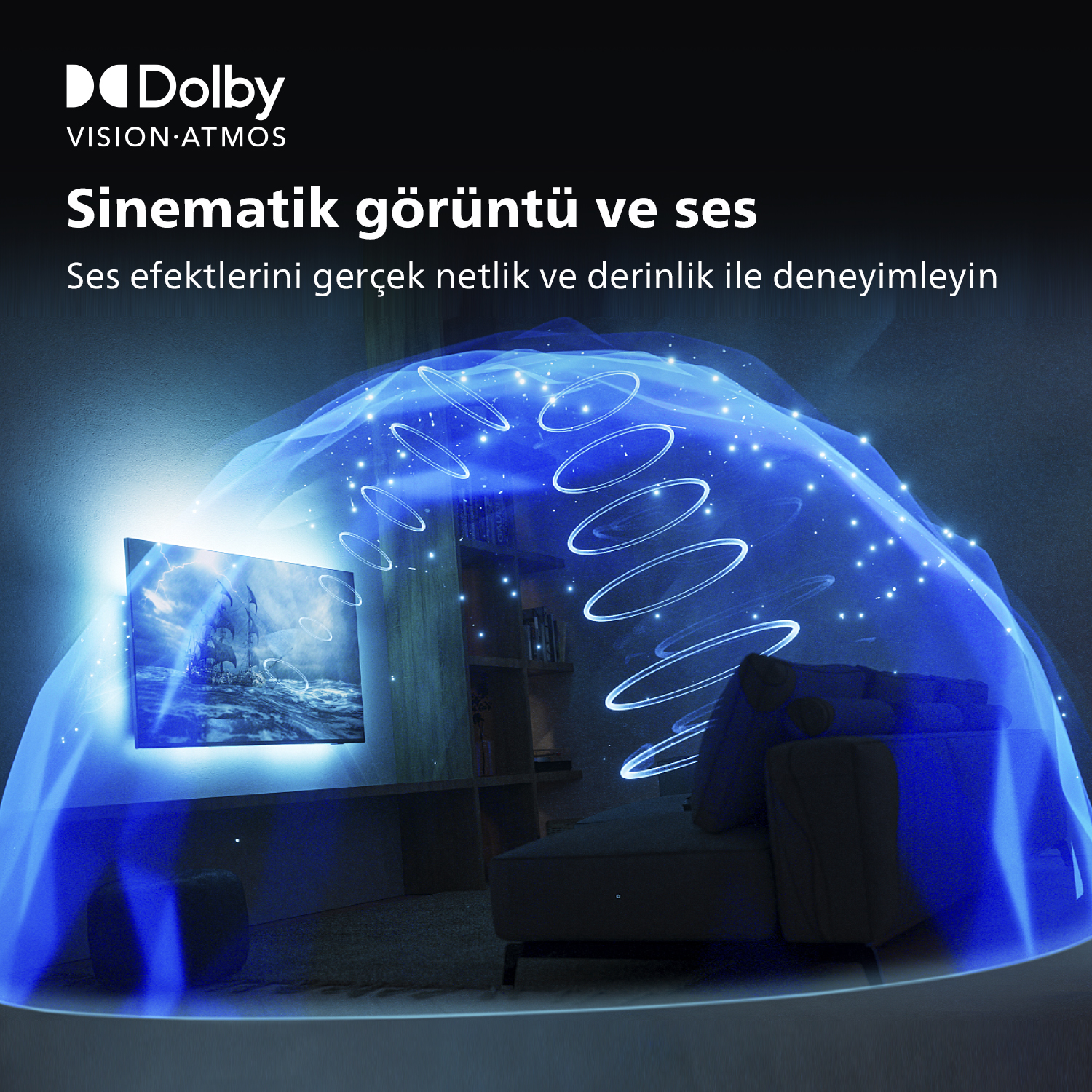 Bir sahne gösteren bir TV ekranı ve etrafında mavi bir ses efekti.
