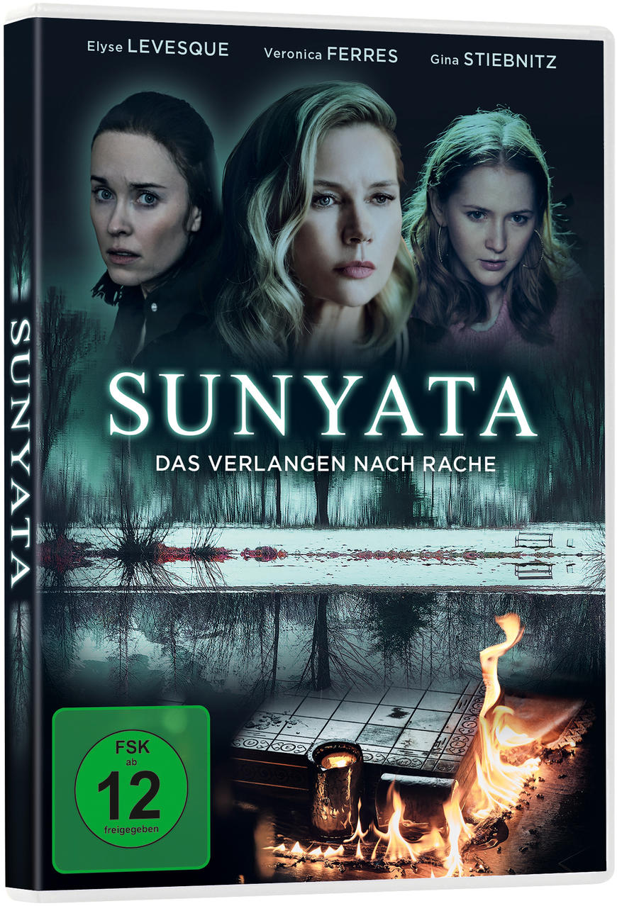 Filmcover 'Sunyata'. Drei Gesichter von Frauen sind zu sehen. Es gibt eine Schneeszene und Feuer unten.