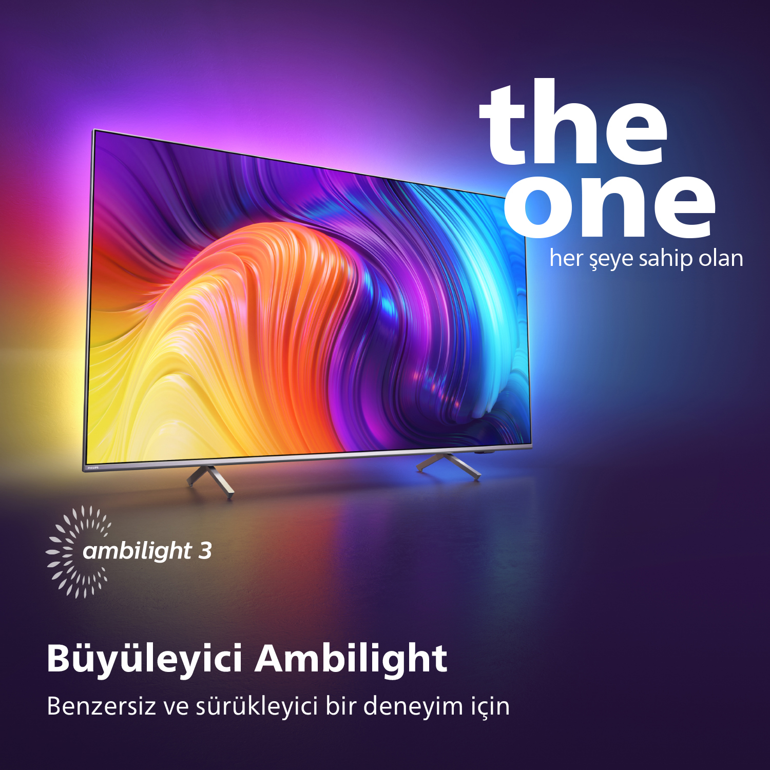 Renkli ışıklar ve metin içeren TV ekranı: the one, ambilight 3.