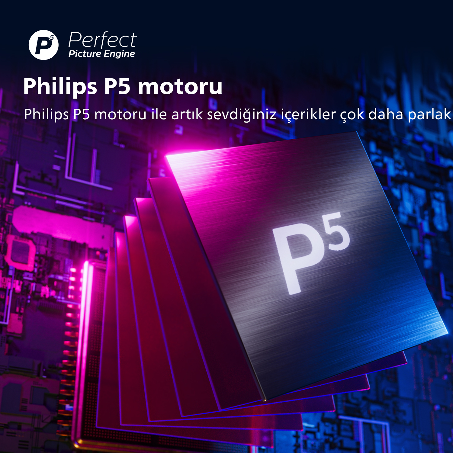 P5 logosu olan bir dizi devre kartı, pembe ve mavi aydınlatma altında.