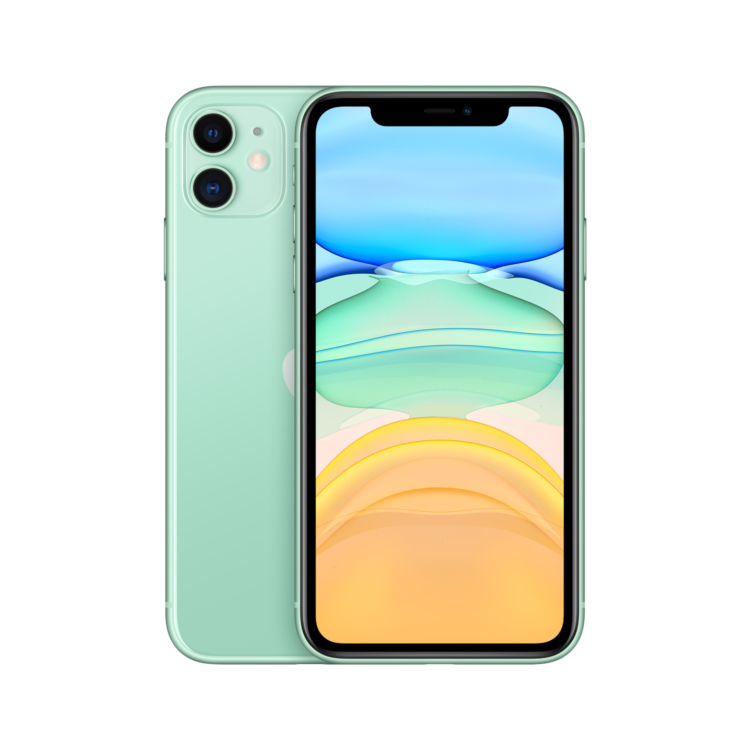 iPhone 11 verde menta. Dos cámaras traseras, pantalla encendida, mostrando fondo colorido.