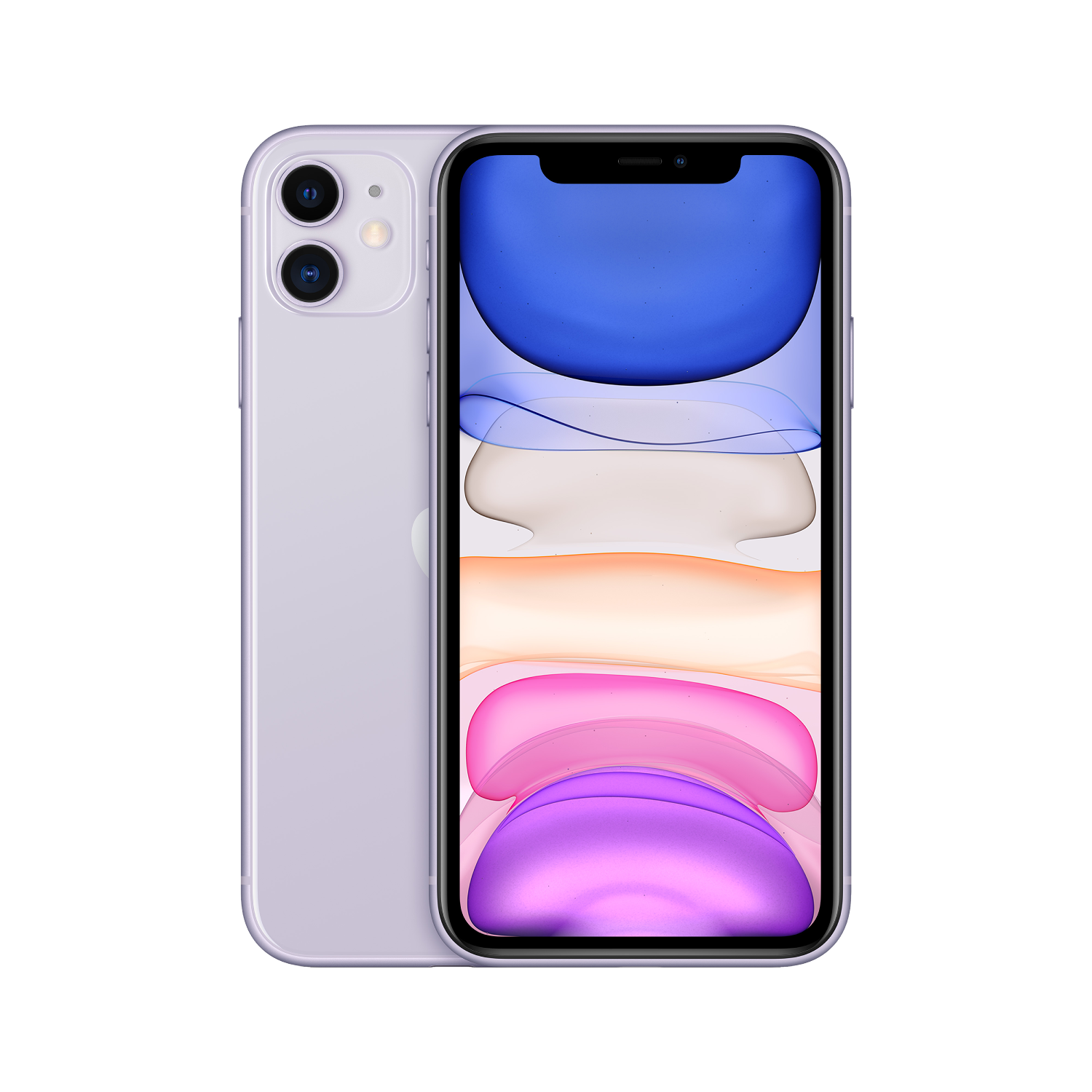 Un iPhone 11 morado, con la pantalla mostrando un fondo de pantalla colorido, sobre fondo negro.