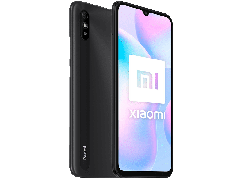 Un smartphone Redmi negro con el logo de Xiaomi en la pantalla, sobre un fondo oscuro.