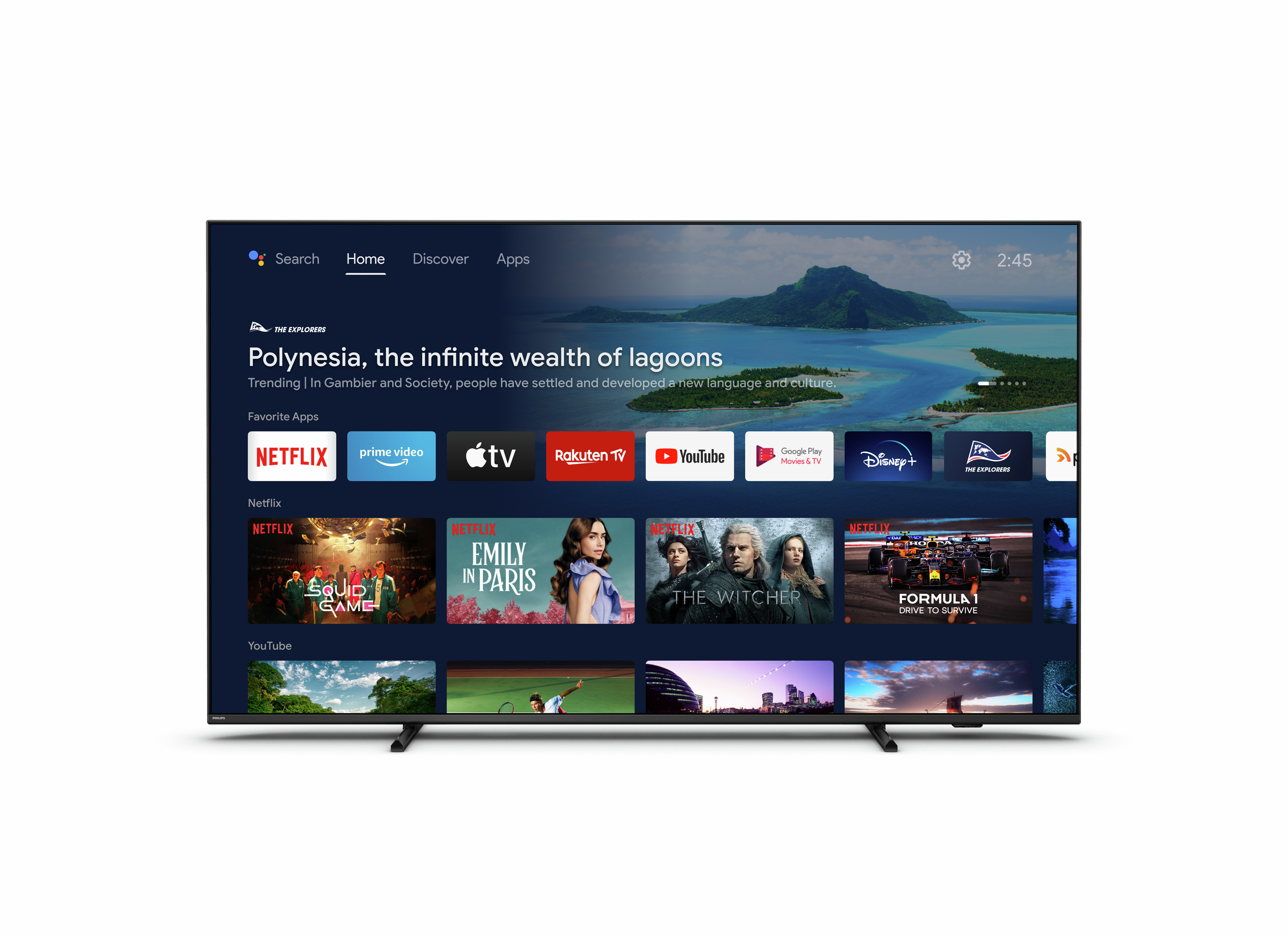 TV ekranı, uygulamalar ve bir Polinezya lagünü görüntüsü ile ana menüyü gösterir.