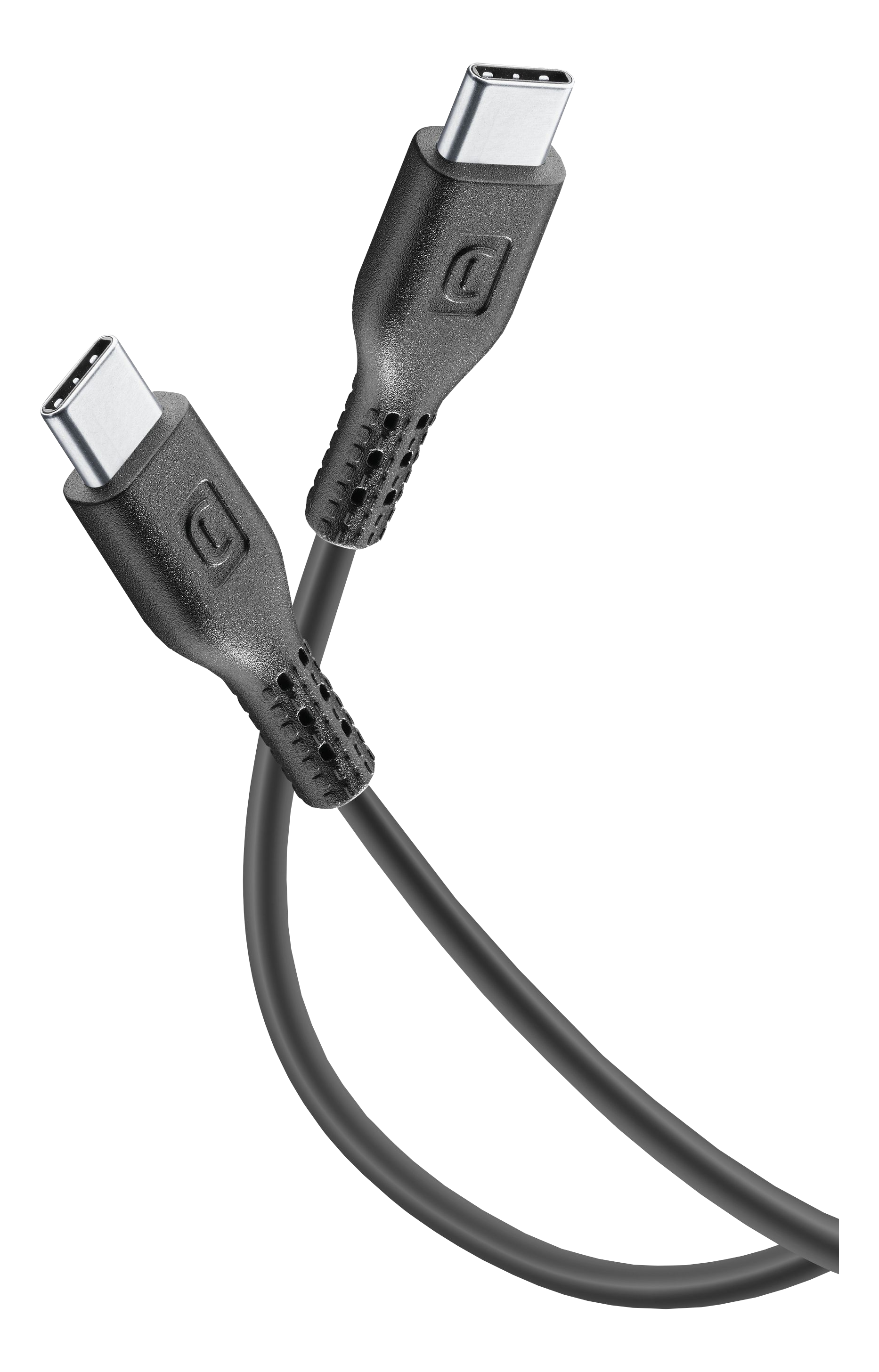 Zwei schwarze USB-C-Kabel. Jedes Ende hat einen USB-C-Stecker mit strukturiertem Griffbereich.