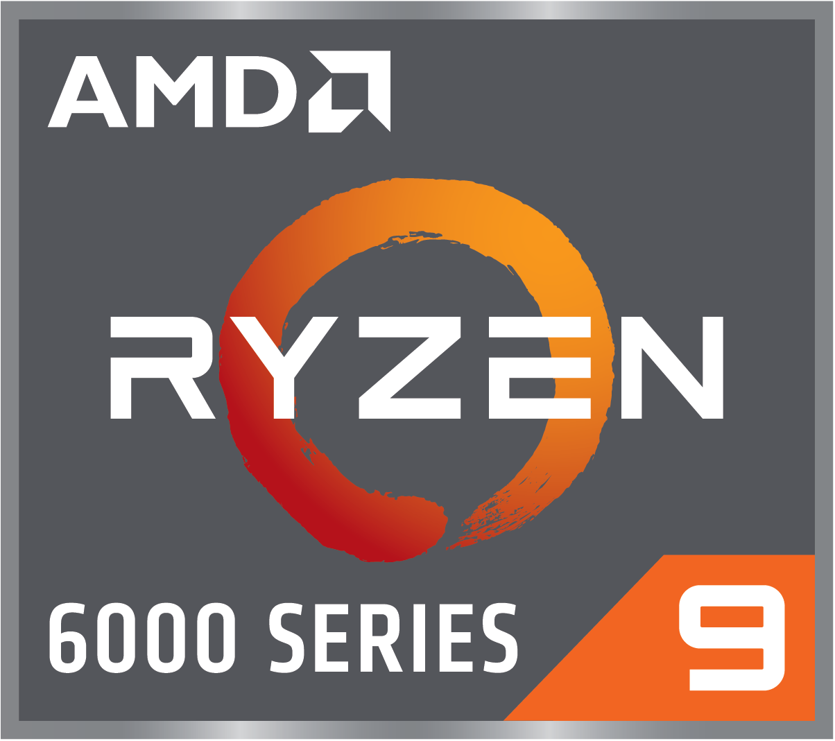 AMD Ryzen 9 6000 Serie Logo, mit Orange und Grau.