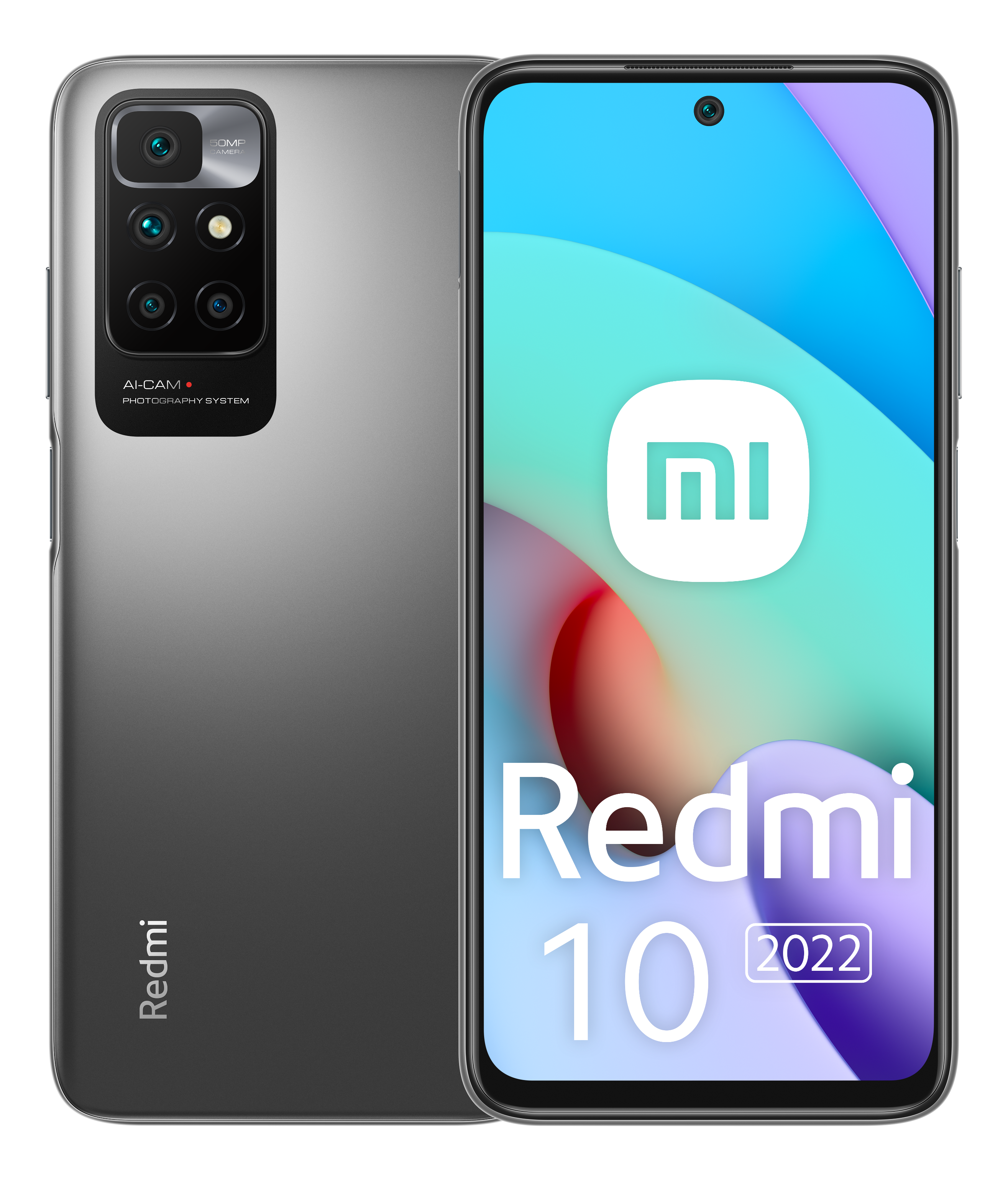Graues Redmi 10 2022 Handy. Rückseite und Bildschirm sichtbar. Mehrere Kameras, farbenfroh.