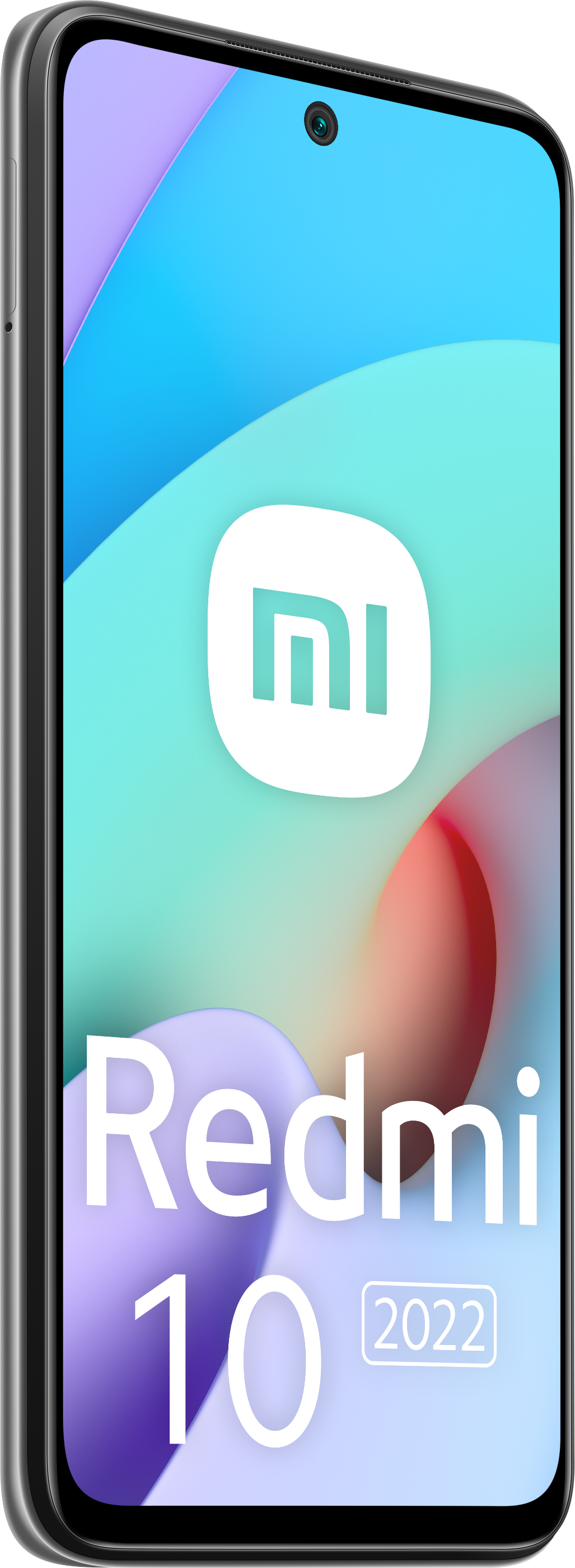 Ein graues Redmi 10 2022 Smartphone, schräge Ansicht. Blauer, violetter und weißer Hintergrund.