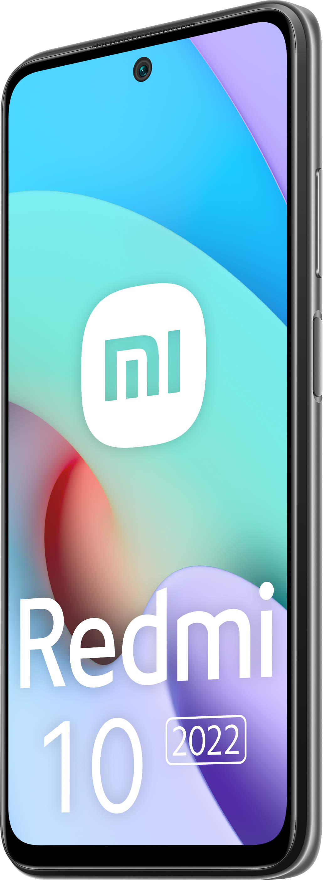 Ein silbernes Smartphone mit großem Bildschirm und kleiner Kamera oben. Das Telefon hat das Redmi- und 2022-Logo.