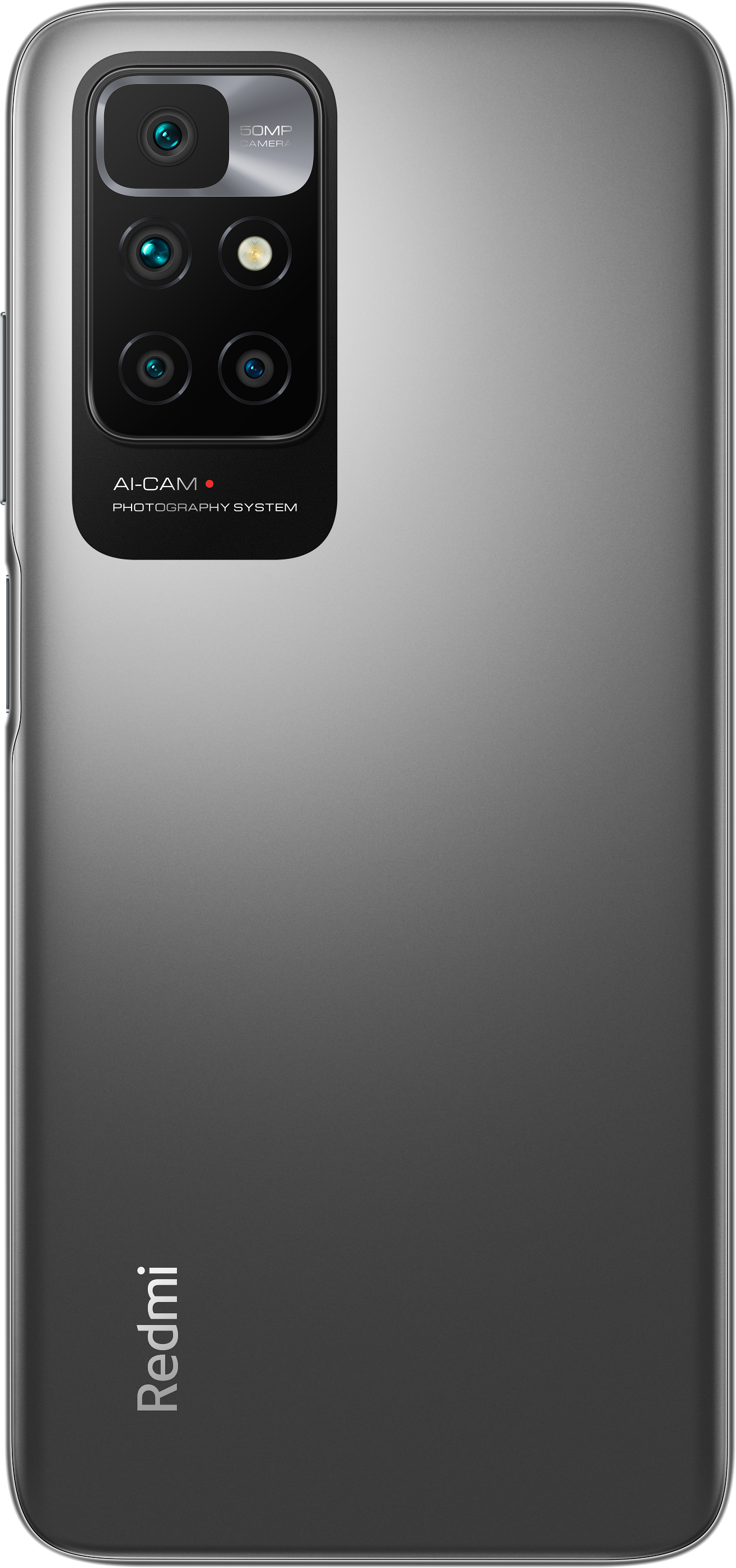 Graue Smartphone-Rückseite mit Kameramodul. Das Wort "Redmi" ist unten sichtbar.
