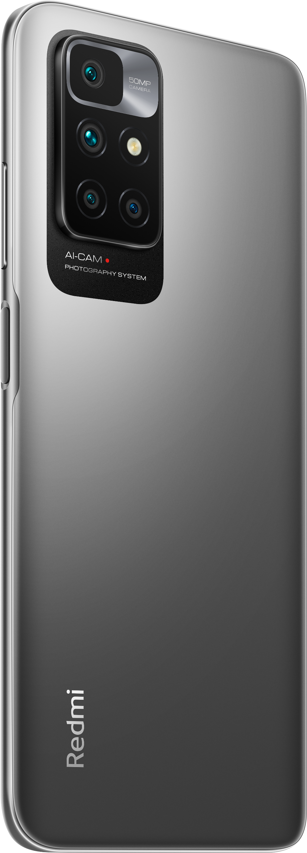 Smartphone von der Seite. Das Telefon ist grau, mit einem Kamerasystem auf der Rückseite.