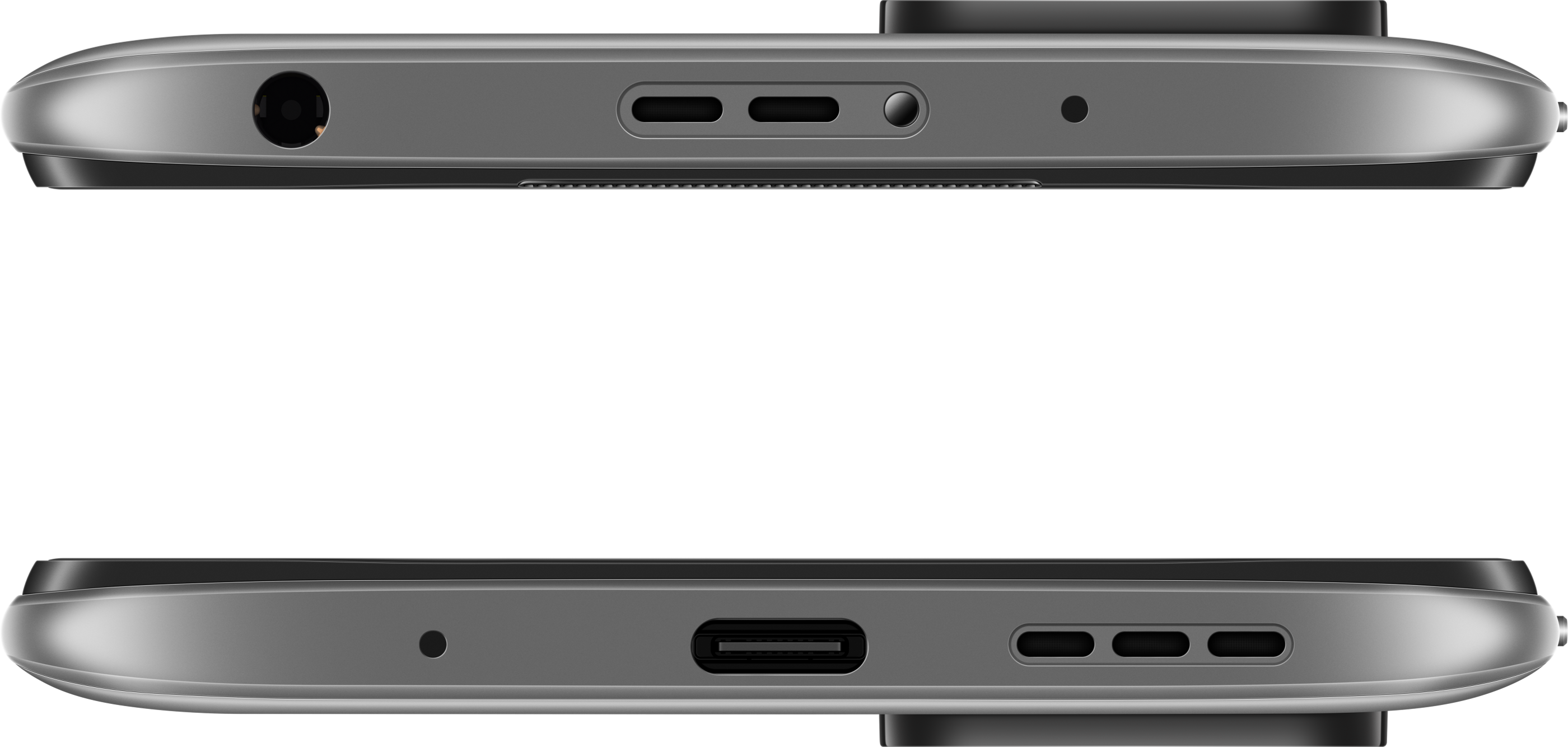 Zwei Smartphones von unten. Graue Farbe, mit Anschlüssen und Löchern.