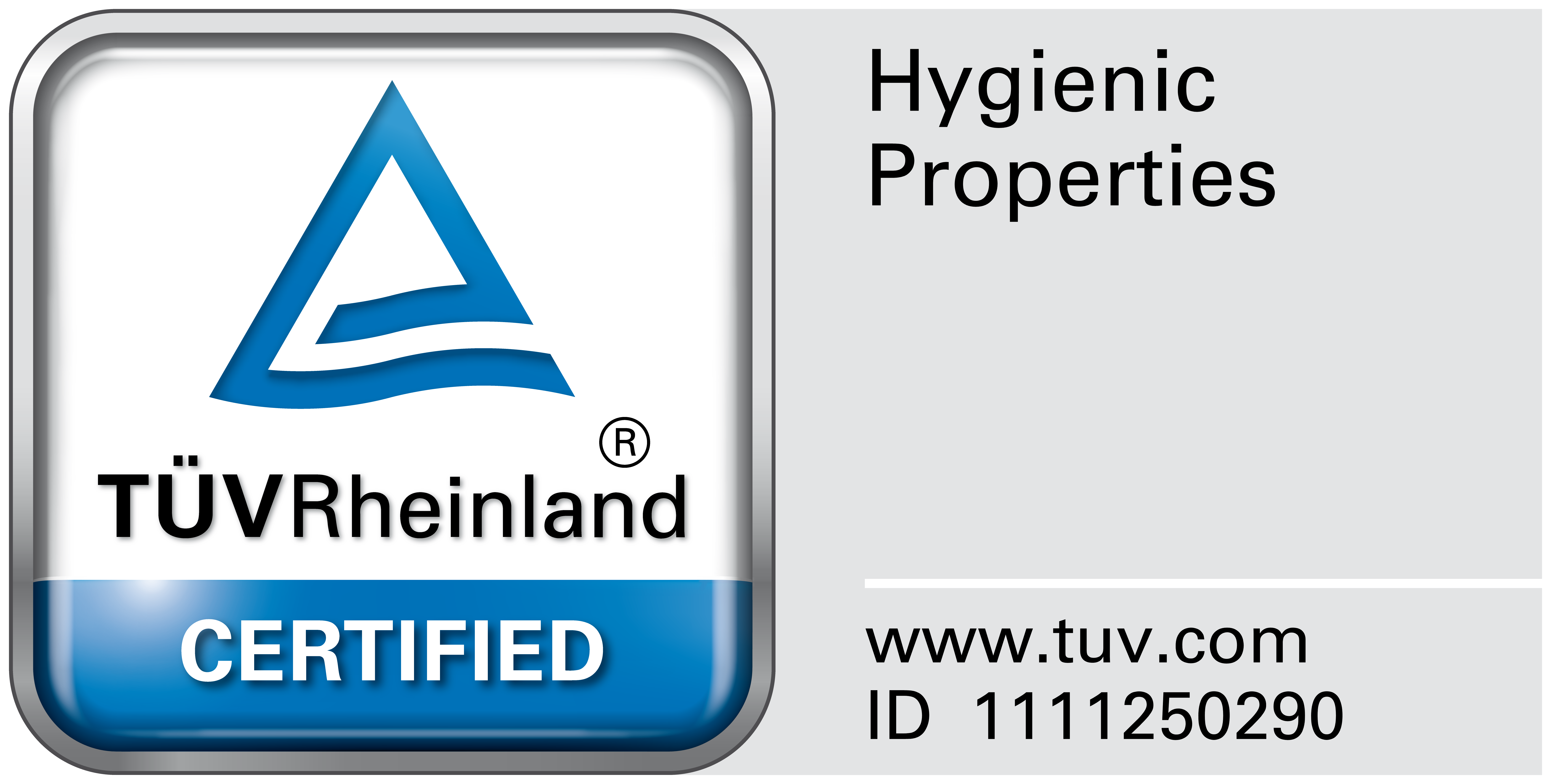 Fehér és kék tanúsított címke, szöveggel: Higiéniai tulajdonságok, TÜV Rheinland CERTIFIED.