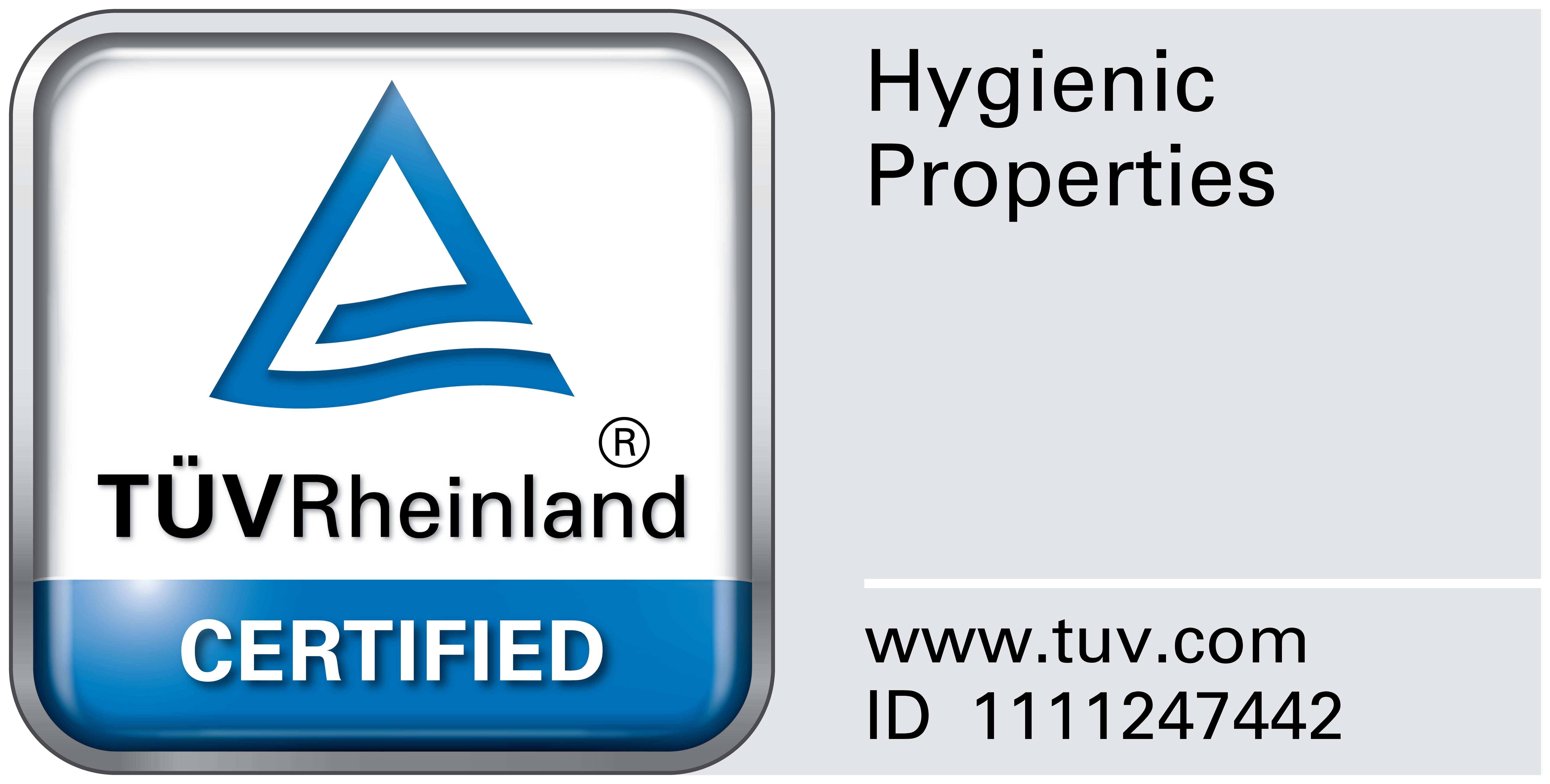 Egy tanúsított logó a "TÜV Rheinland CERTIFIED" és a "Hygienic Properties" szöveggel.