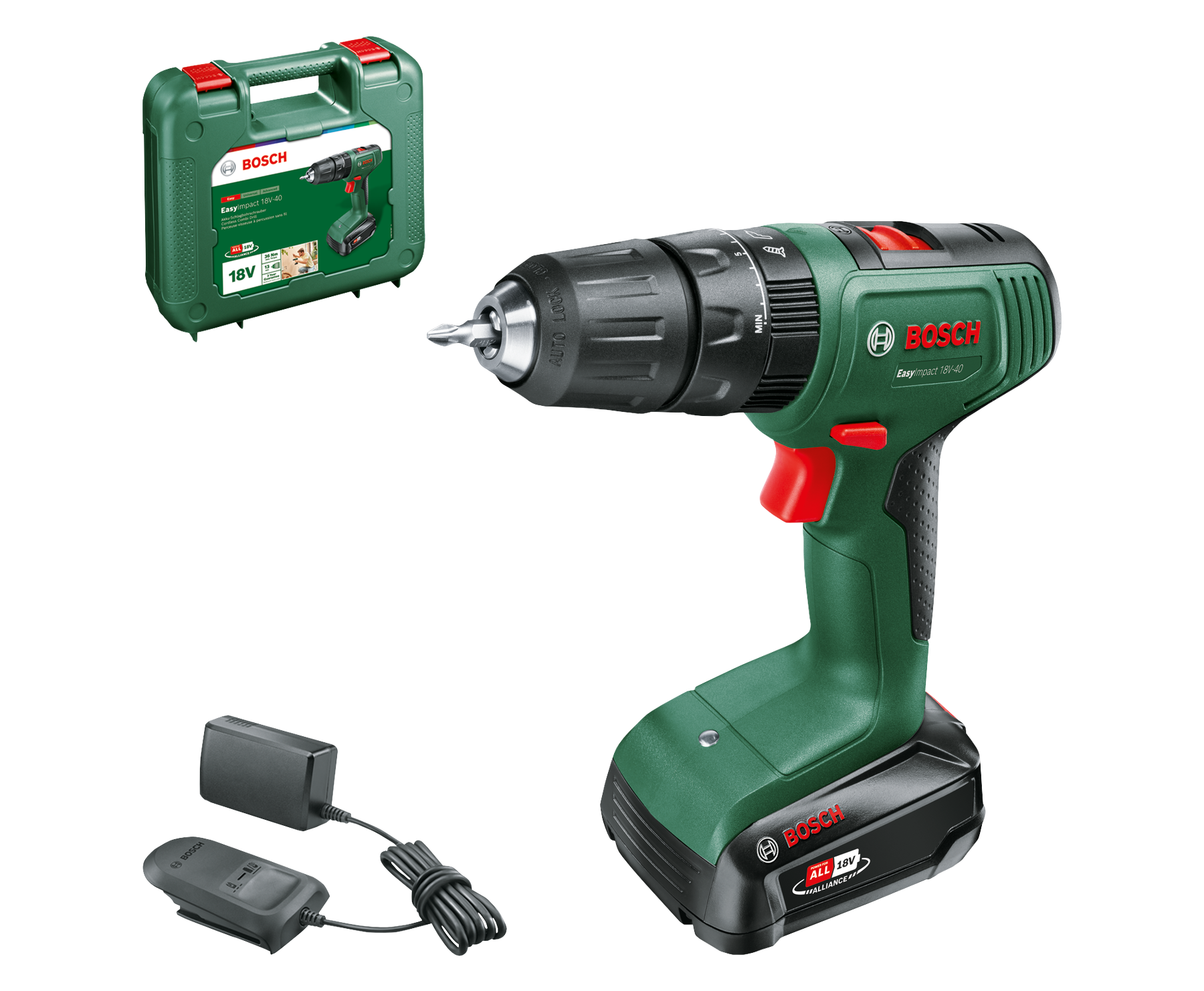 BOSCH EasyImpact 40 Akkumulátoros kétfokozatú ütvefúró-csavarozógép, 18V, akkuval és töltővel (1x1,5 Ah) (06039D8101)