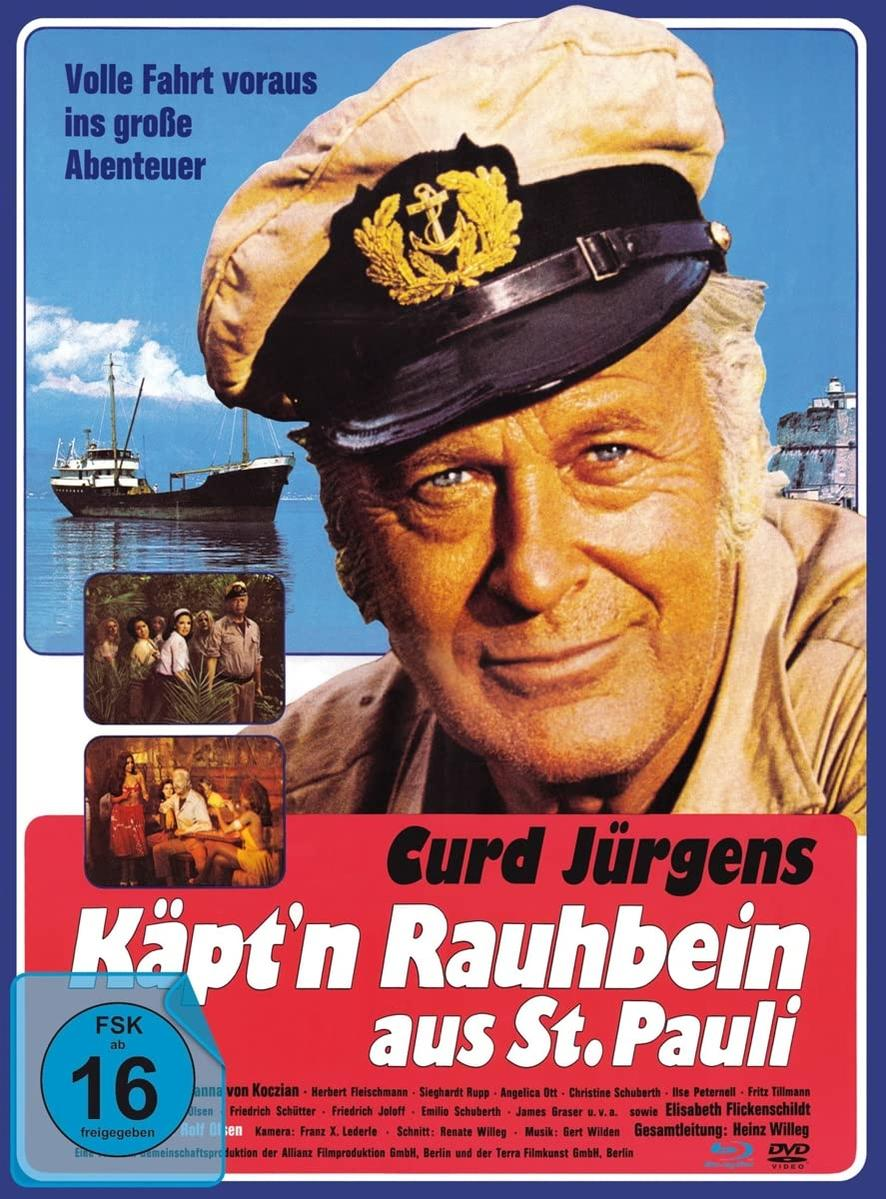 Ein Filmplakat mit einem Mann mit Kapitänsmütze. Der Titel ist 'Käpt'n Rauhbein aus St. Pauli' mit einem Boot im Hintergrund.