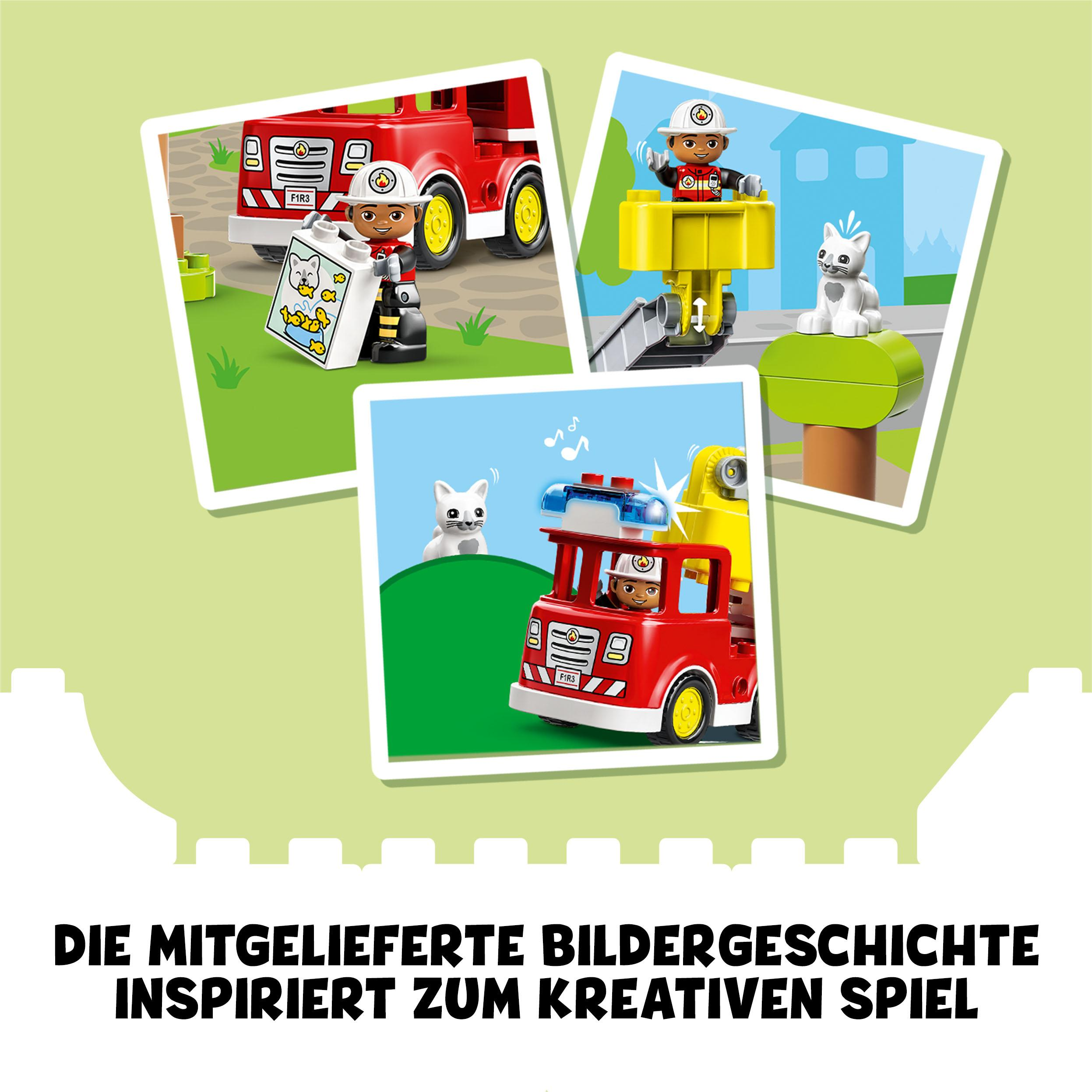 Eine Collage von Spielzeug-Feuerwehrautos und Feuerwehrleuten mit grünem Hintergrund.