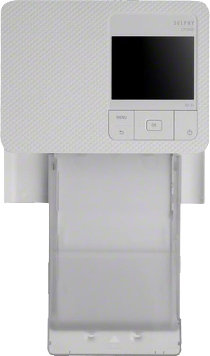 Fehér Canon SELPHY CP1300 nyomtató kihúzott papírtálcával, a vezérlőpanelt mutatva.
