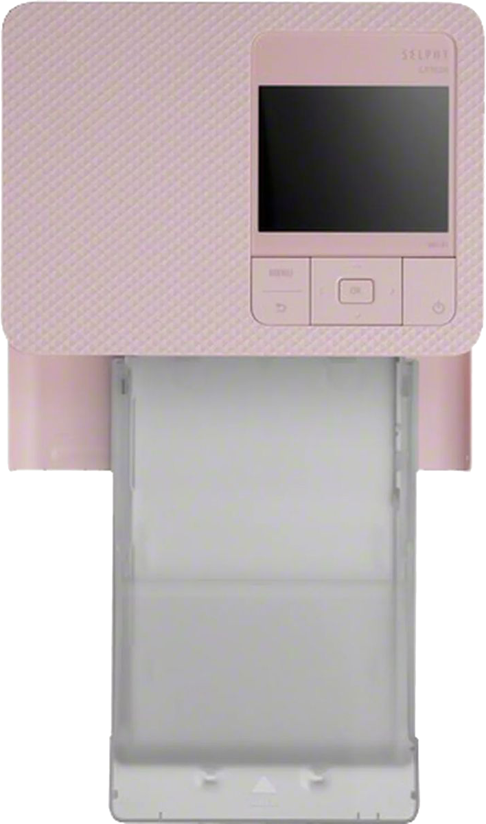 Ein pinkfarbener Canon SELPHY-Drucker mit ausgezogenem Papierfach.