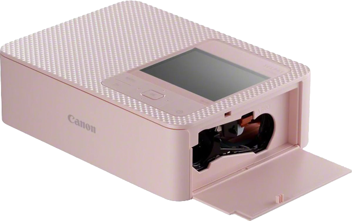 Ein rosa Canon Selphy Fotodrucker mit geöffneter Tür, der den Druckermechanismus zeigt.
