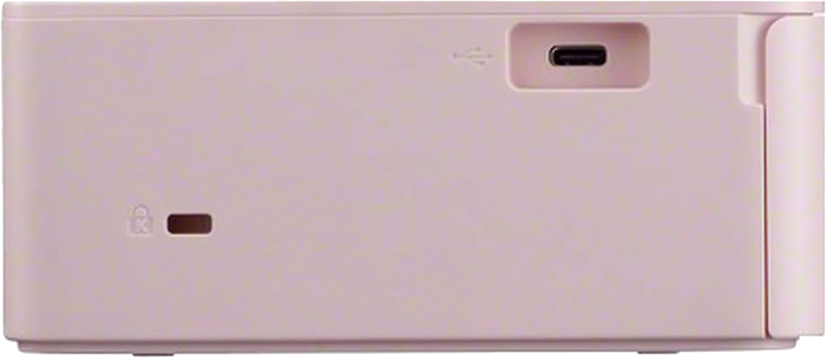 Seitenansicht des rosa Geräts. USB-C-Anschluss, Schlossanzeige und kleine Taste. Sauberes und minimalistisches Design.