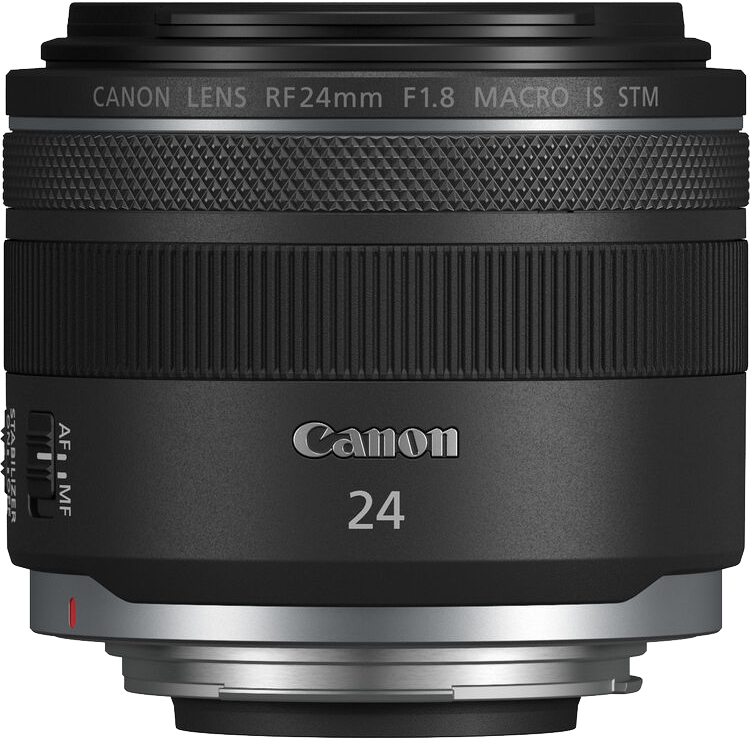 Egy Canon RF 24mm F1.8 objektív, Canon 24 felirattal és különböző vezérlőkkel.