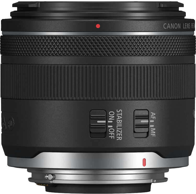 Egy fekete Canon objektív stabilizátor- és fókuszszabályozókkal, tetején egy piros ponttal.