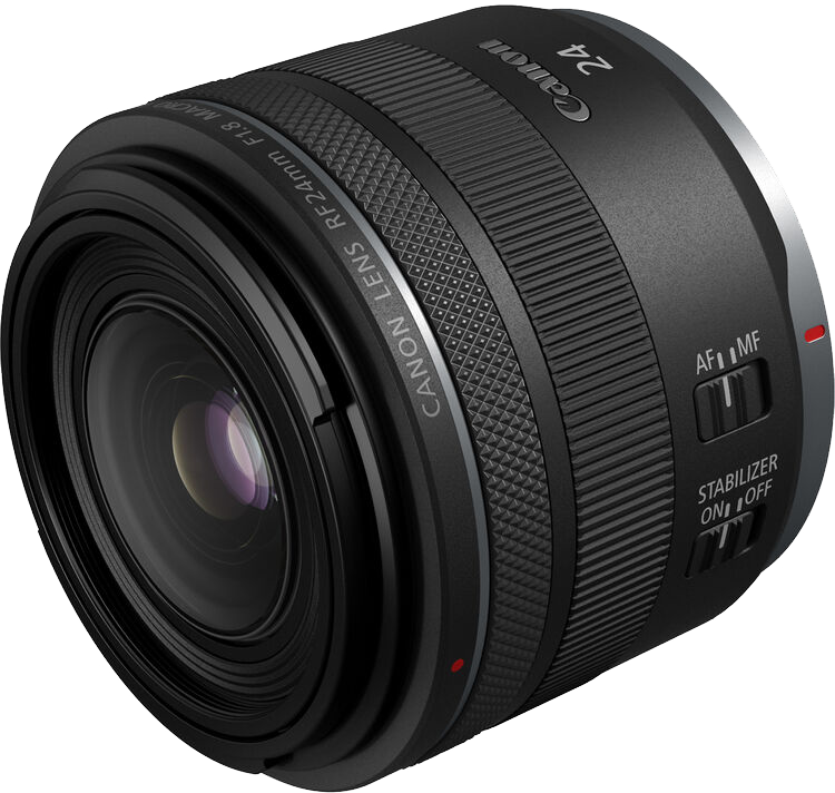 Fekete Canon objektív, fókusz- és stabilizátorszabályzókkal.