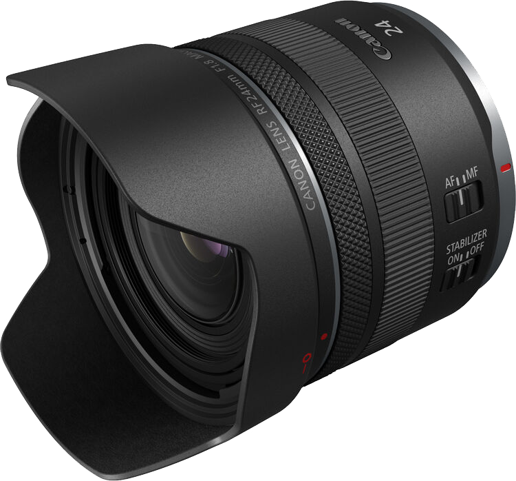 Canon RF 24mm objektív napellenzővel, fókusz- és stabilizátor vezérlőkkel.