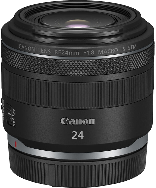 Canon RF 24mm f/1.8 objektív. Fekete test Canon és 24 jelölésekkel. Makró IS STM.