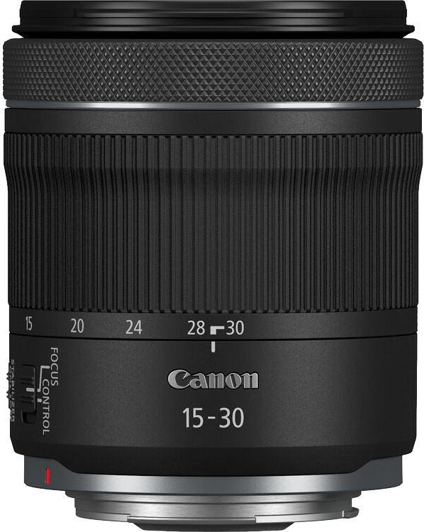 Fekete Canon 15-30mm objektív. Látható a fókusz és a stabilizátor vezérlője. 15-30 számok az objektíven.