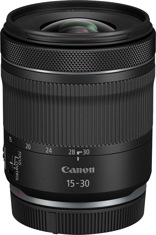 Egy fekete Canon 15-30-as objektív, amely a lencse részleteit és a Canon logót mutatja.