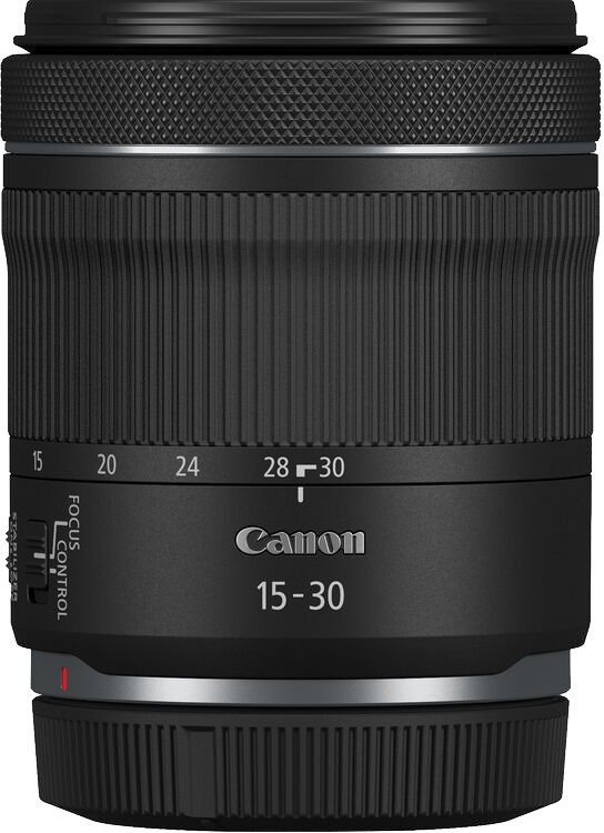Canon 15-30 mm-es objektív, fekete, fókusz- és stabilizátor vezérlőkkel.