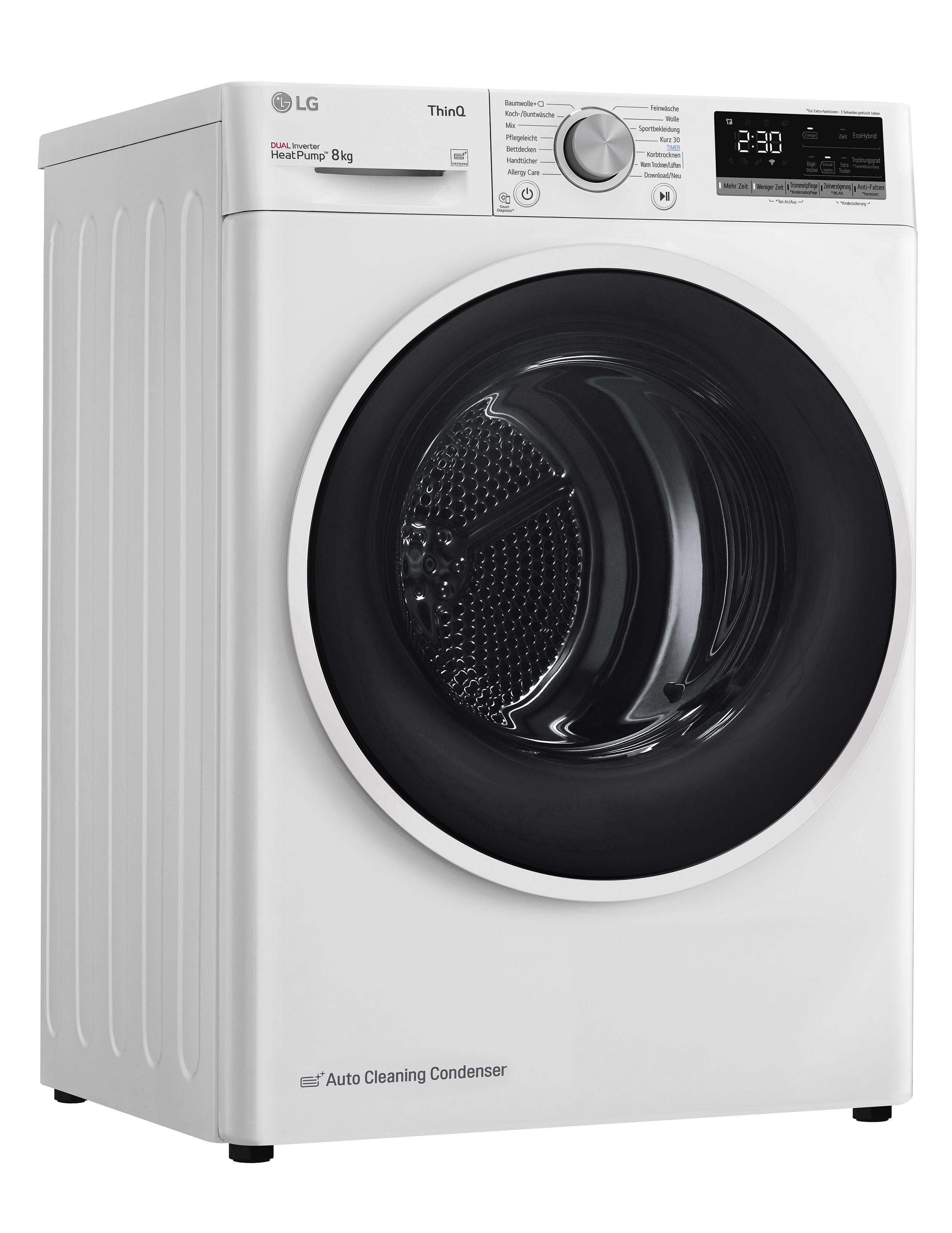 Weiße LG Waschmaschine. Eine große schwarze Tür in der Mitte. Knöpfe und ein Display oben.