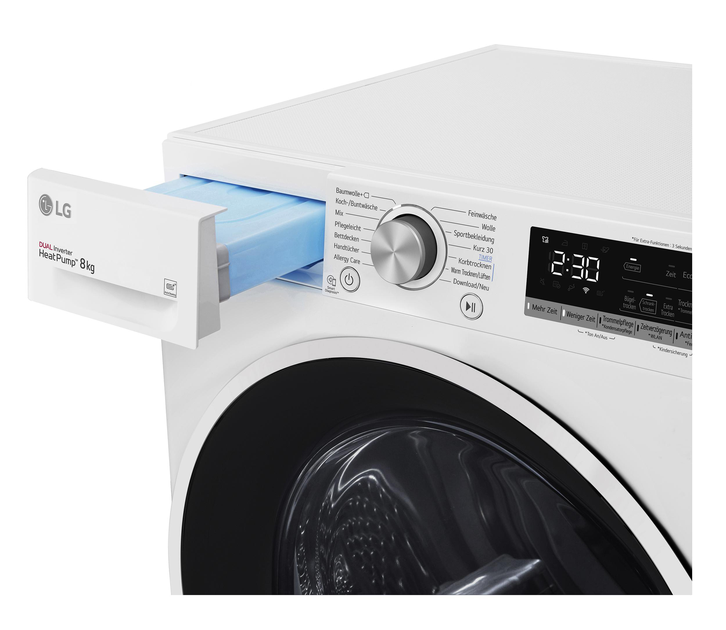 Weißer LG Trockner, Schublade geöffnet mit blauem Objekt. Digitalanzeige.