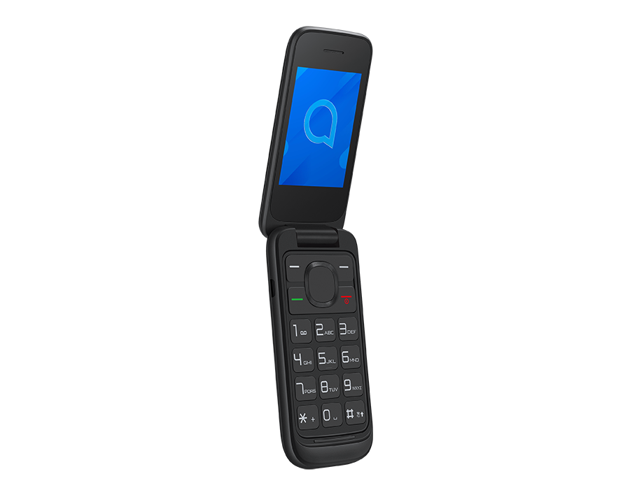 Siyah kapaklı telefon açık. Ekran açık ve mavi bir logo gösteriyor.