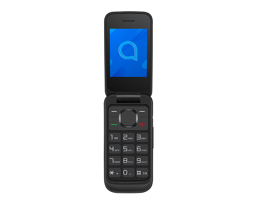 Siyah kapaklı telefon, açık, mavi ekranlı ve beyaz konuşma balonu logosu.