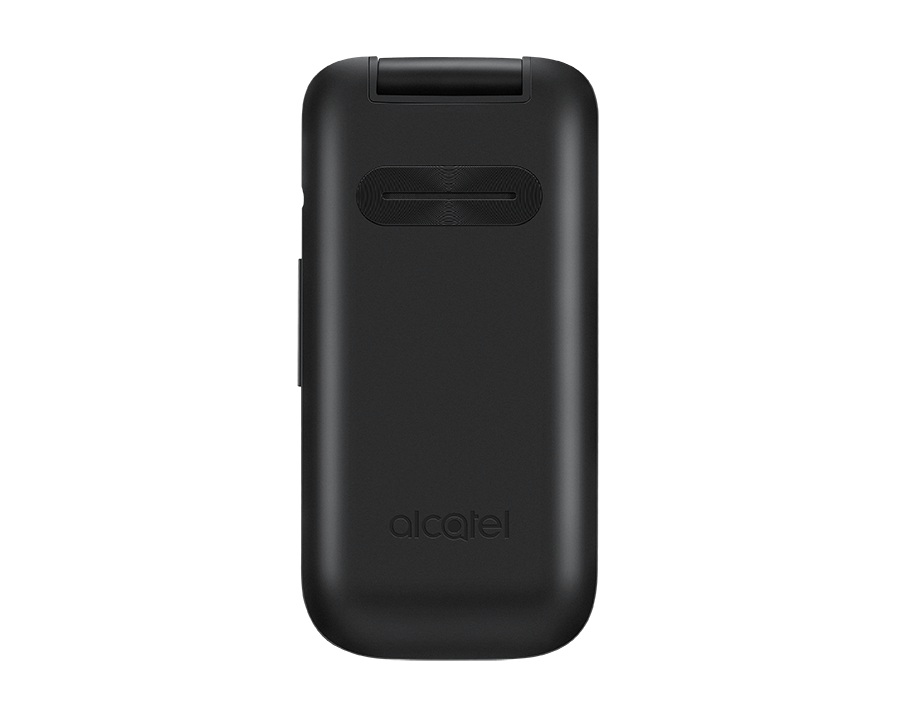 Alcatel logosu altta bulunan, kapalı, siyah bir kapaklı telefon.